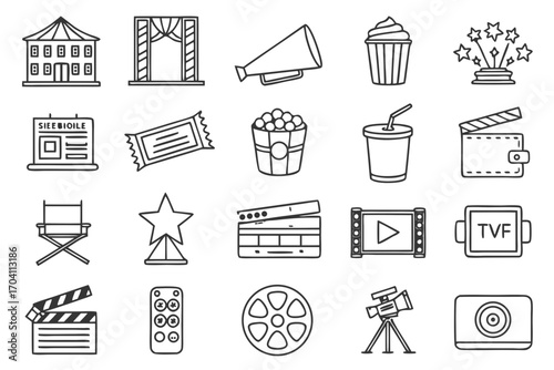 Movie film cinema production and entertainment industry icons set vector illustration and graphic design on transparent background