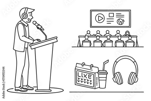 Speaker at conference giving presentation with audience, headphones, calendar and coffee vector art on transparent background