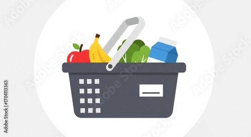 Shopping basket icon, filled with groceries, representing food, health, and nutrition for retail and lifestyle themes