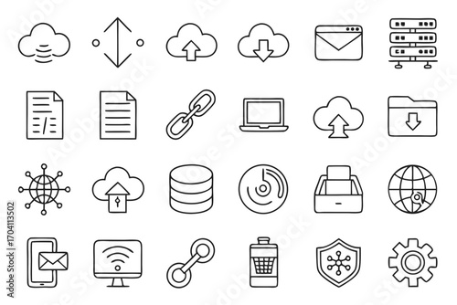 Cloud computing network technology icons set for web design and mobile app vector illustration one hundred on transparent background