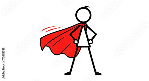 Confident stick figure superhero with flowing red cape and hands on hips, symbolizing power, success, and heroism.
