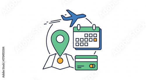 Planning a trip with airplane, calendar, map, location pin and credit card concept of travel, vacation and tourism