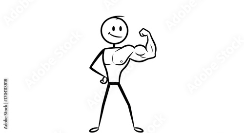 Smiling stick figure flexing a disproportionately large bicep, humorous strength concept