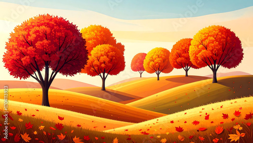 Autumnal Hillscape Vibrant Red and Orange Trees in Rolling Landscape