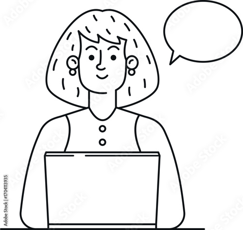 Young woman teleconferencing black-and-white vector illustration