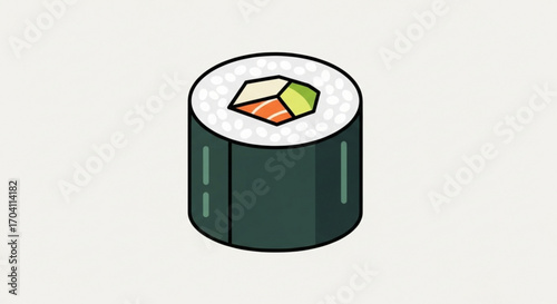 A piece of sushi with rice, seaweed, salmon, and avocado, perfect for japanese cuisine lovers and foodrelated projects