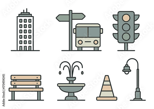 Urban icons set featuring traffic light, bus, building, signpost, bench, fountain, cone, lamp