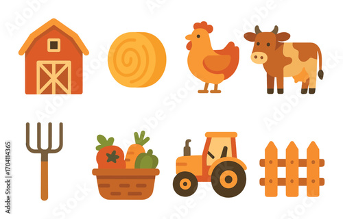 Farm animals and equipment: barn, hay, chicken, cow, tools, vegetables, tractor, fence