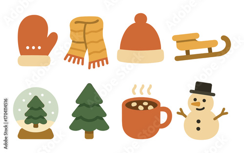 Cozy winter icons featuring mittens, scarf, hat, sled, snow globe, tree, hot cocoa, snowman