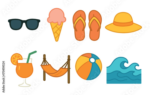 Vibrant summer icons featuring sunglasses, ice cream, flip flops, sun hat, cocktail, hammock, beach ball, and wave