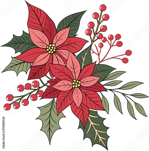 Colorful vector illustration of Christmas flowers, poinsettia petals, holly berries, mistletoe leaves, festive bouquet arrangement, decorative botanical design, editable Christmas artwork