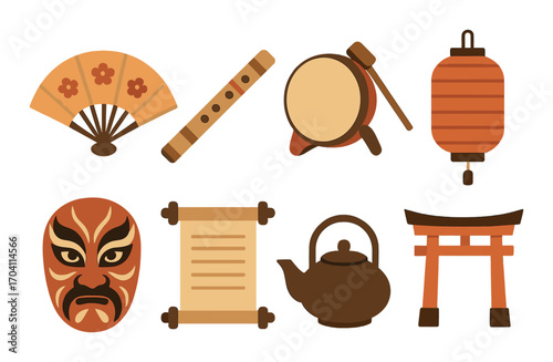Traditional japanese cultural symbols collection with mask, fan, lantern, and teapot