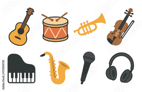 Colorful musical instruments set with guitar, drum, trumpet, violin, piano, saxophone, microphone, headphones