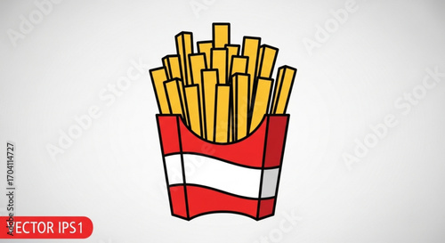 Crispy french fries, served in a classic red and white paper container, a perfect snack for fast food cravings