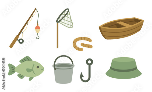 Fishing gear icons: rod, net, boat, worms, fish, bucket, hook, hat