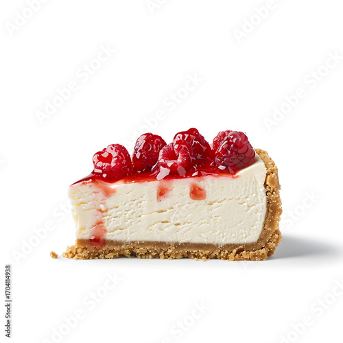 A slice of creamy cheesecake topped with fresh raspberries and raspberry sauce, served on a graham cracker crust.