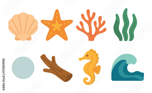 Colorful ocean elements illustration with shells, starfish, coral, seaweed, bubble, driftwood, seahorse, and wave