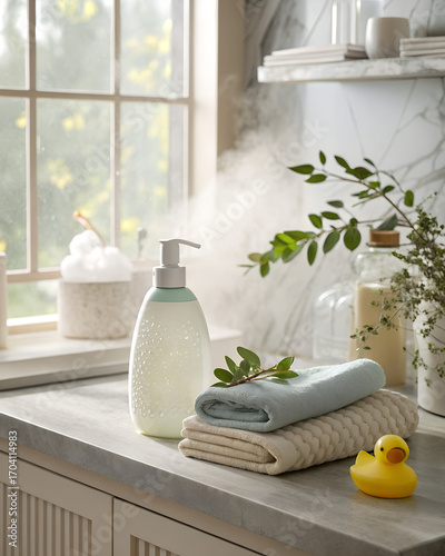 Eco baby laundry detergent bottles with green leaves, towel, and mint rubber duck