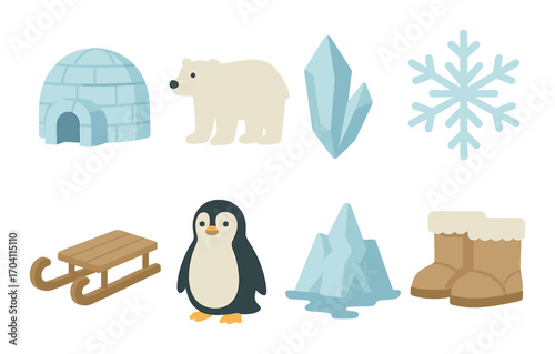 Winter icons set: igloo, polar bear, crystal, snowflake, sled, penguin, iceberg, boots