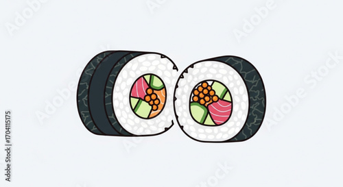 A delicious sushi roll cut in half, showcasing the vibrant ingredients inside