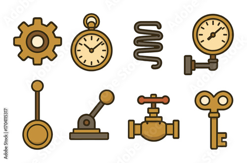 Vintage steampunk mechanical gears and instruments on rustic background