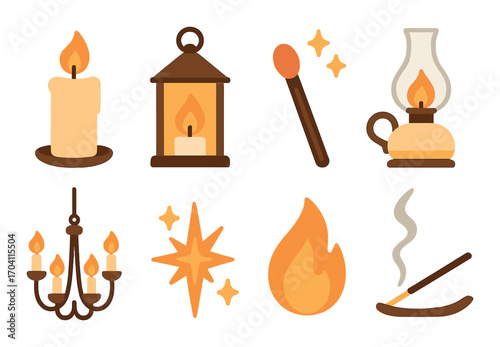 Various sources of light: candle, lantern, match, lamp, chandelier, flame, incense