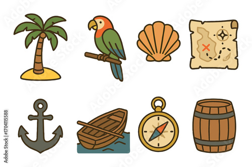Tropical adventure icons: parrot, treasure map, compass, anchor, boat, barrel, palm tree, shell