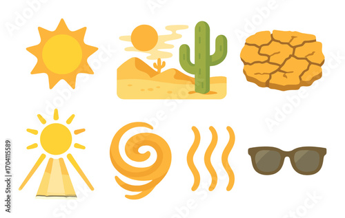 Desert symbols with sun, cactus, cracked earth, sunglasses, and spiral design