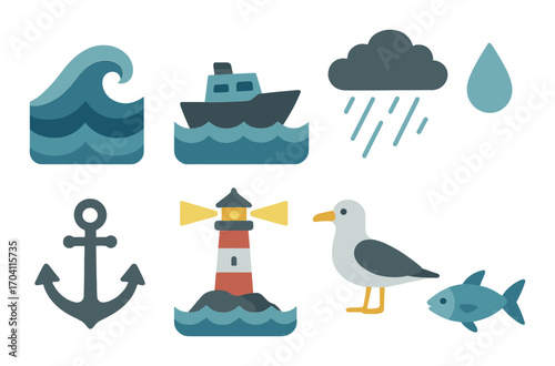 Nautical icons: lighthouse, anchor, seagull, boat, waves, raincloud, and fish clip art