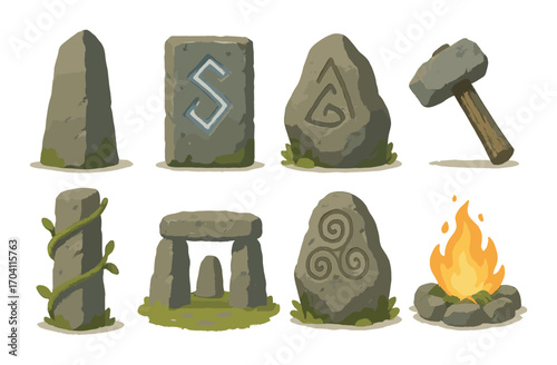 Ancient stone monuments and symbols with hammer and fire