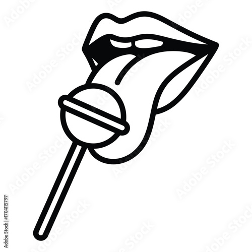 Minimalist black and white line drawing of lips licking a striped lollipop in a modern, clean, and graphic illustration