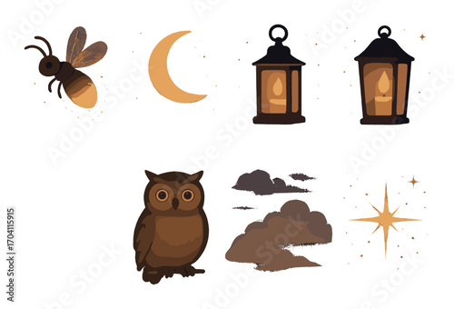 Whimsical night scene: glowing owl, lanterns, moon, and clouds under starry sky