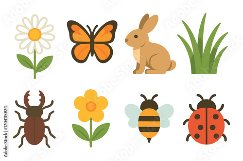 Colorful nature icons: butterfly, bee, rabbit, flowers, and beetles on gradient background