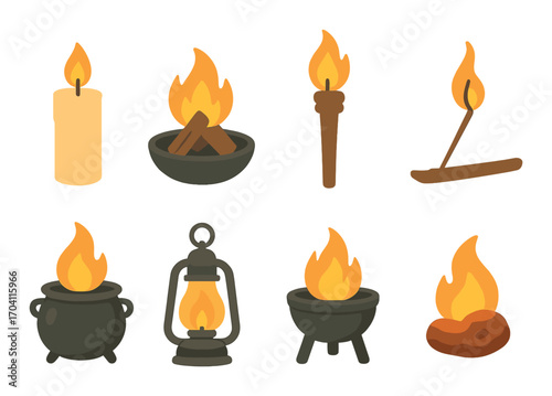 Assorted glowing flame sources: candle, campfire, torch, incense, cauldron, lantern