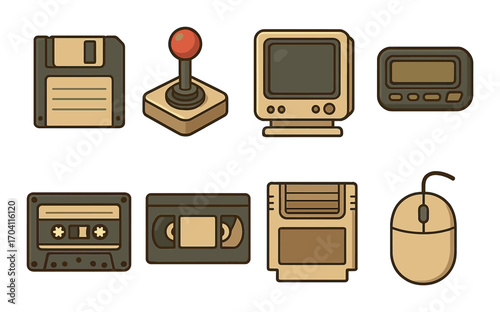 Retro technology icons: floppy disk, joystick, crt monitor, pager, cassette, vhs, cartridge, mouse