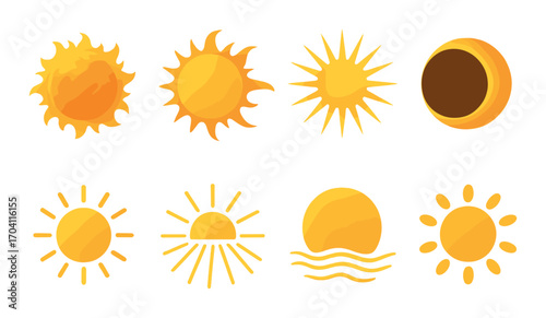 Set of eight glowing sun designs with eclipsed and radiant variations