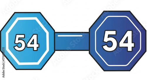 Two dumbbells with the number 54, representing a weight of 54 pounds or kilograms for fitness and exercise purposes