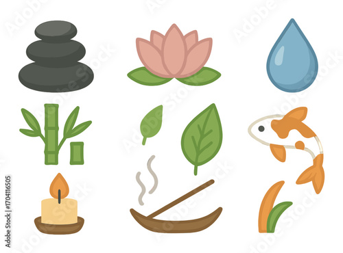 Zen symbols: lotus, stones, candle, bamboo, leaf, waterdrop, fish, incense