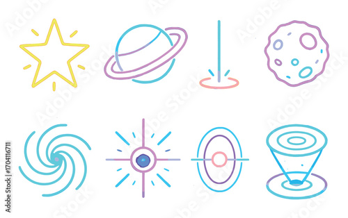 Colorful neon space icons: star, planet, meteor, spiral, cosmic designs in bright lights