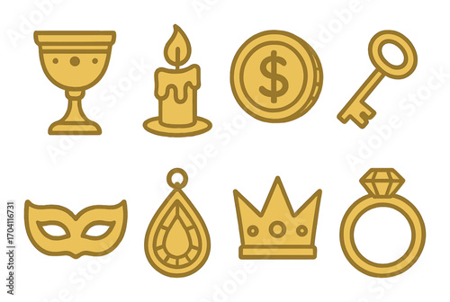 Golden icons: chalice, candle, coin, key, mask, jewel, crown, ring on textured background