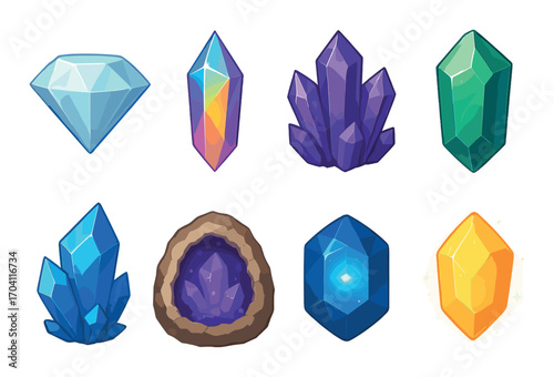 Diverse collection of colorful crystals and gems with various shapes and unique colors
