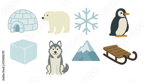 Arctic icons: polar bear, igloo, sled, penguin, snowflake, husky, mountain