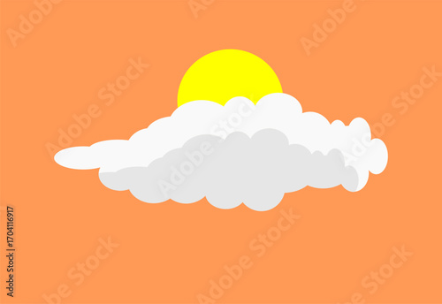 Flat vector illustration of the sun partially covered by clouds on an orange sky background. Simple weather icon design for forecast apps, climate graphics, and educational materials