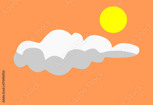 Flat vector illustration of the sun partially covered by clouds on an orange sky background. Simple weather icon design for forecast apps, climate graphics, and educational materials