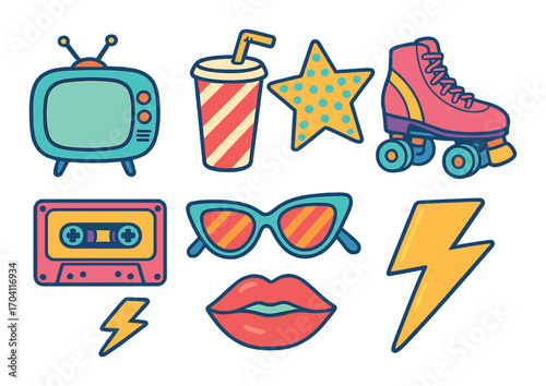 Retro pop art icons with roller skates, tv, cassette, and star motif