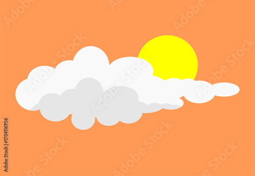 Flat vector illustration of the sun partially covered by clouds on an orange sky background. Simple weather icon design for forecast apps, climate graphics, and educational materials