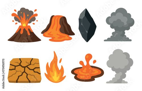 Volcano eruption elements with lava and smoke illustrations