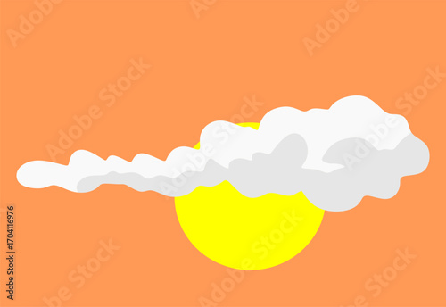 Flat vector illustration of the sun partially covered by clouds on an orange sky background. Simple weather icon design for forecast apps, climate graphics, and educational materials