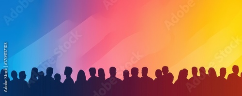 A colorful gradient background features silhouettes of people, representing a diverse group and the essence of community and connection.