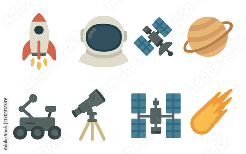 Colorful space icons featuring rocket, astronaut, satellite, planet, and telescope
